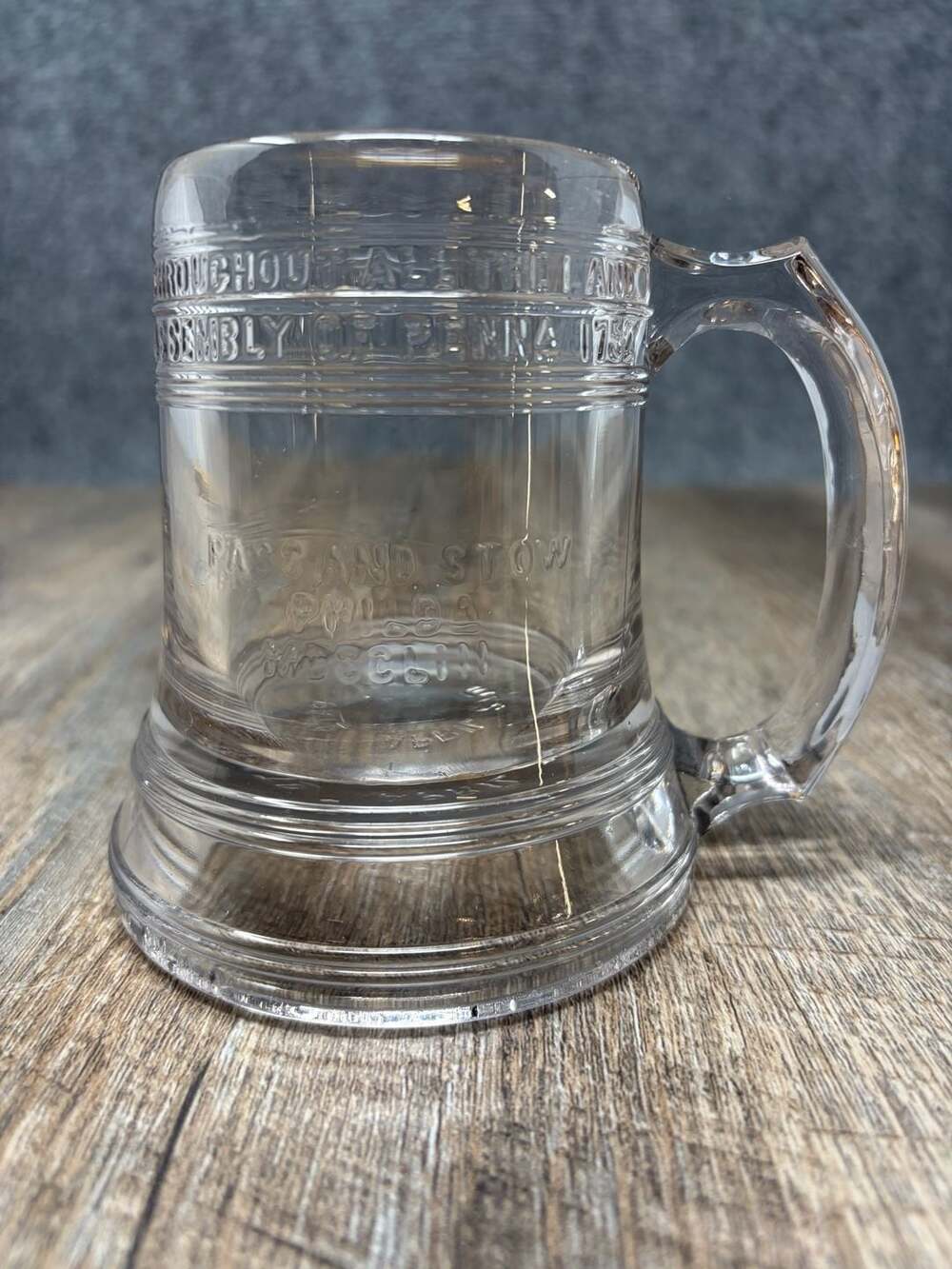 Antique 1876 Philadelphia Expo Centennial Pas And Stow clear Glass Mug-stein EUC